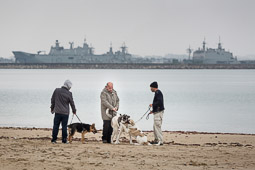 Eleccions andaluses 2015 Veïns de Rota passegen els seus gossos per la platja, amb els vaixells de la base naval de fons.